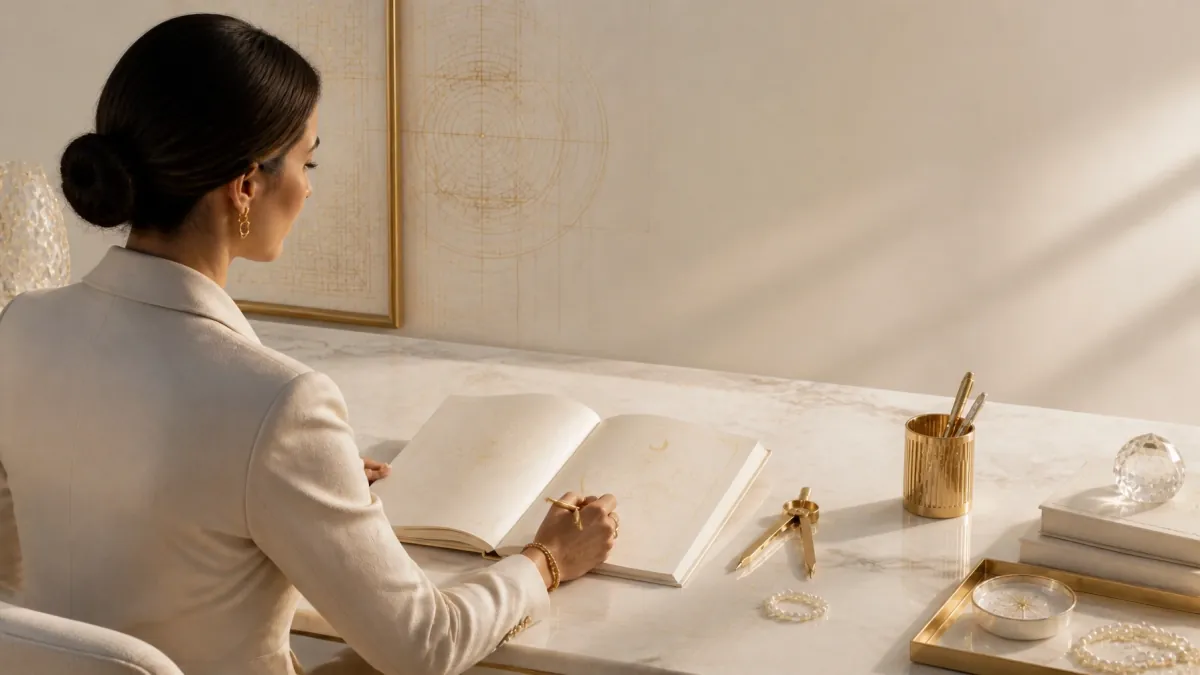 A woman studying an open blueprint journal at a marble desk