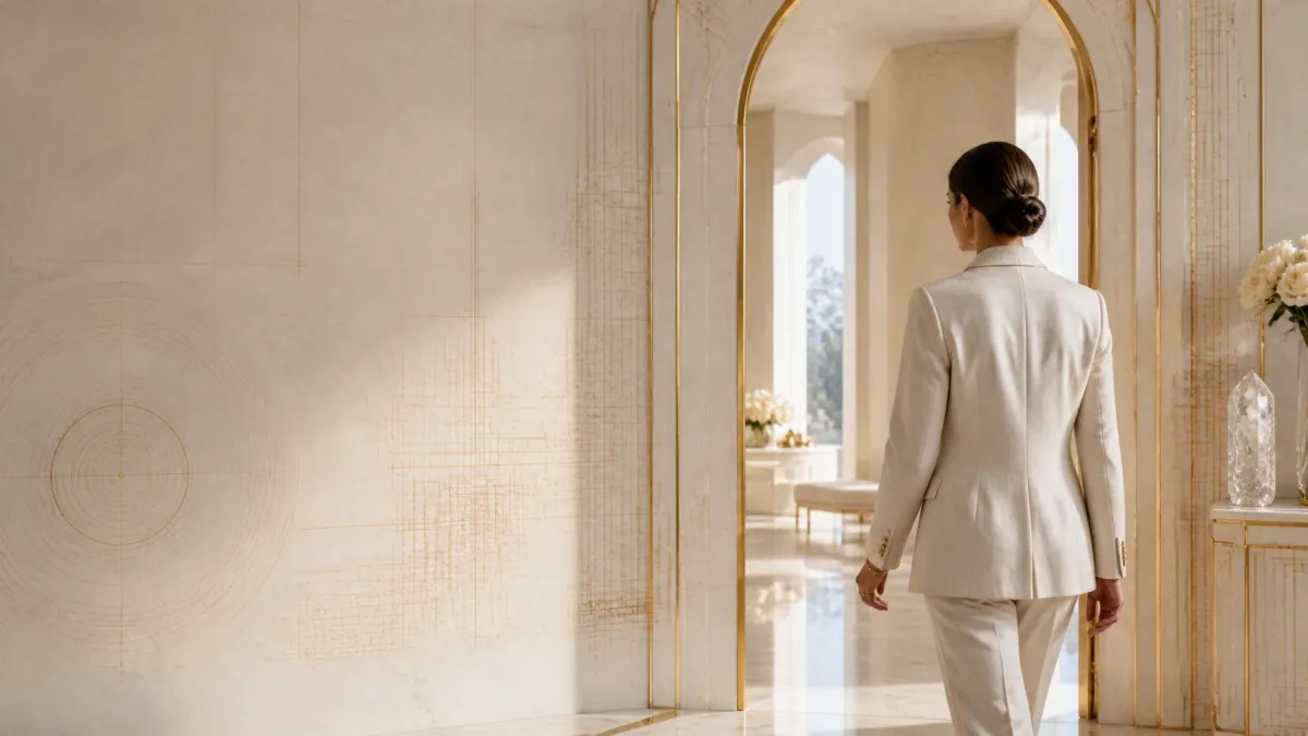A woman in a champagne suit walking through a gold-trimmed marble archway